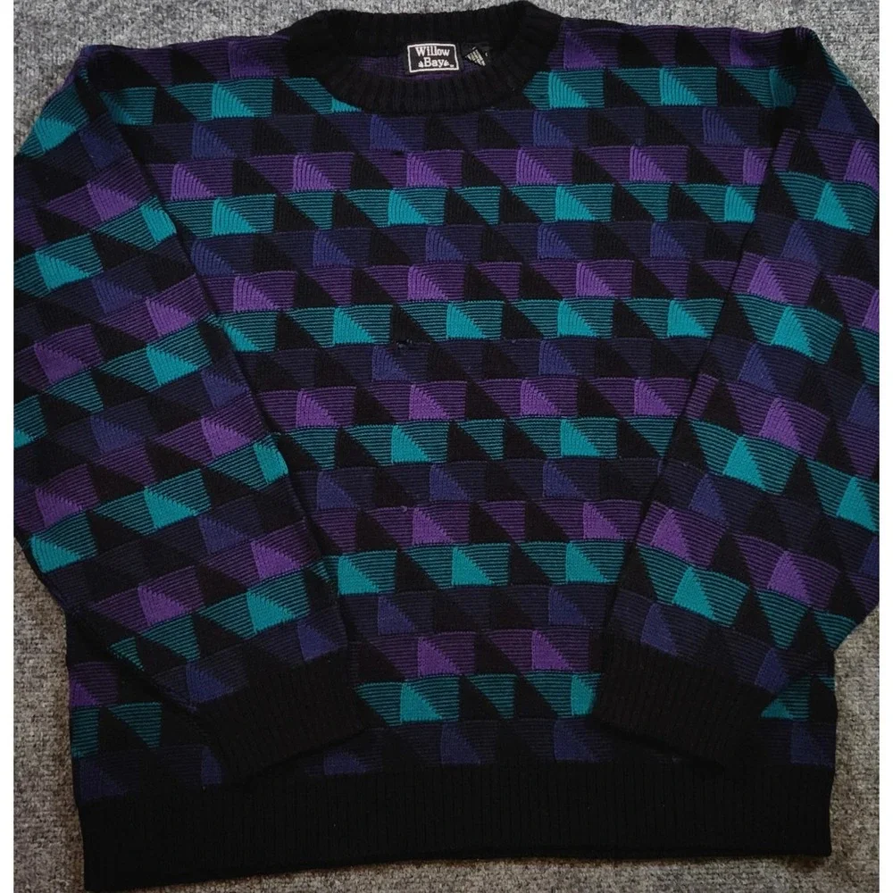 Vintage Willow Bay Geometric Knit Sweater 80s 90s Purple Teal Tag XL Fits M/L